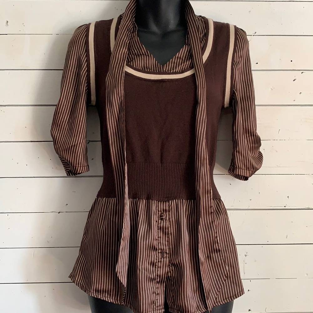 VTG Y2K Brown Sweater Vest Attached Striped Shirt Pussy Bow Blouse 2 in 1 Top